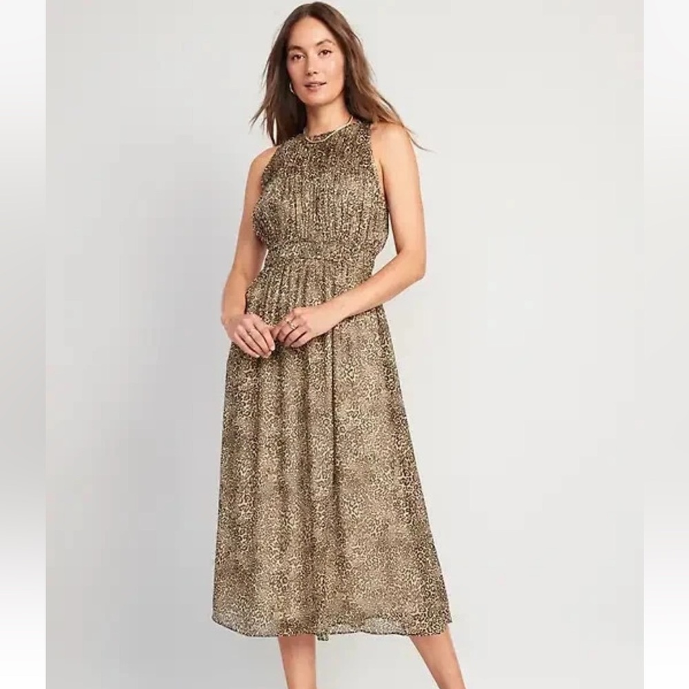 Old Navy Fit & Flare Shirred Crinkled Dress Size XL Leopard Print NWT